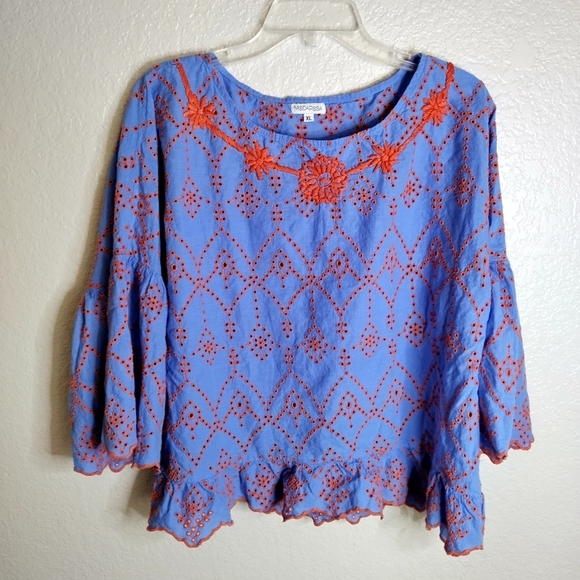 Modaposa Short Bell Sleeve Hand Embroidered Eyelet Blouse Sz Xl - Picture 1 of 9